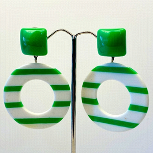 GREEN & White Laminated Striped Lucite Large Dangle Pierced hoop earrings